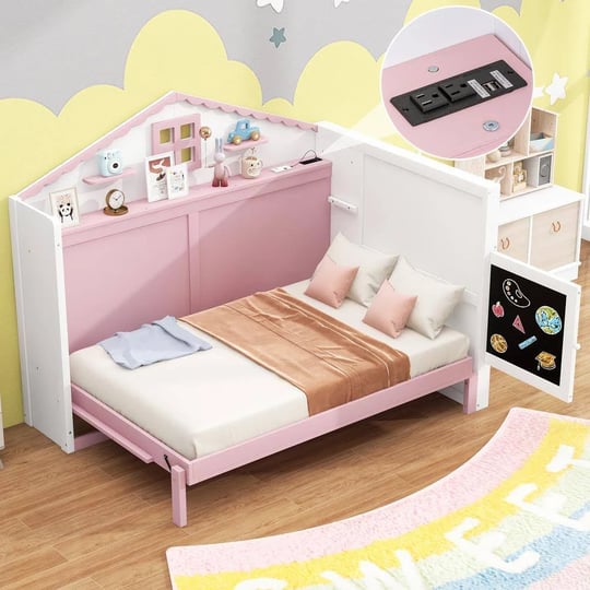 pink-and-white-wood-frame-twin-size-house-murphy-bed-wall-bed-with-usb-storage-shelves-blackboard-1