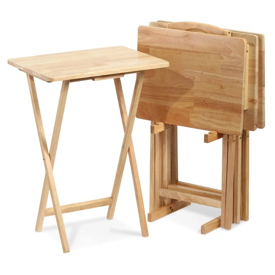 pj-wood-folding-tv-tray-tables-with-storage-rack-natural-5-piece-set-1
