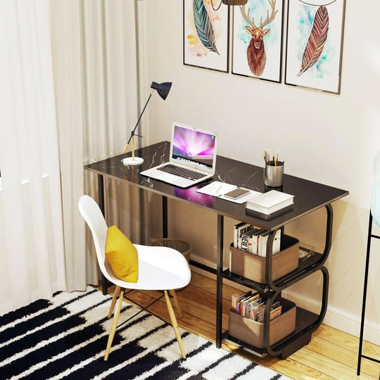 senloo-black-marble-47inch-computer-desk-writing-workstation-home-office-table-with-2-tier-storage-s-1