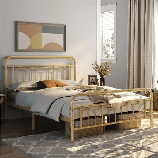 smilemart-metal-platform-queen-bed-with-vintage-headboard-and-footboard-antique-gold-1