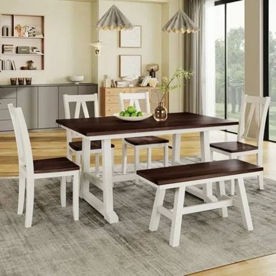 snailf-topmax-6-piece-farmhouse-dining-set-walnutwhite-wood-table-long-bench-4-chairs-for-kitchen-si-1