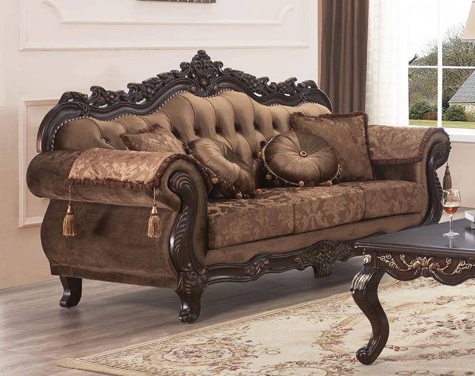 traditional-button-tufted-brown-floral-fabric-sofa-w-carved-wood-frame-1