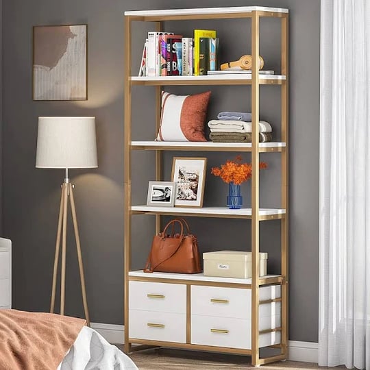 tribesigns-70-9-tall-gold-bookshelf-with-4-drawers-1