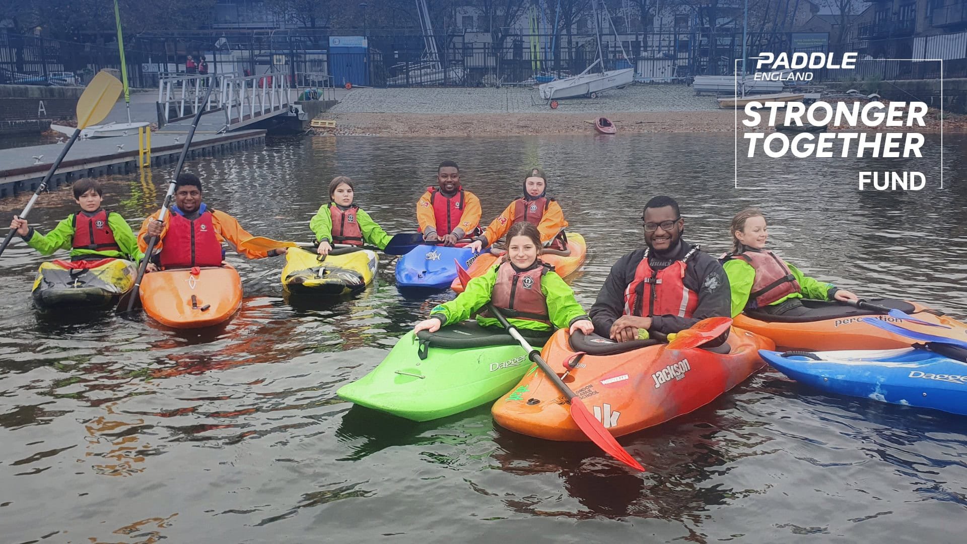 And Fintness For All kayaking session. Paddle England Stronger Together Fund logo