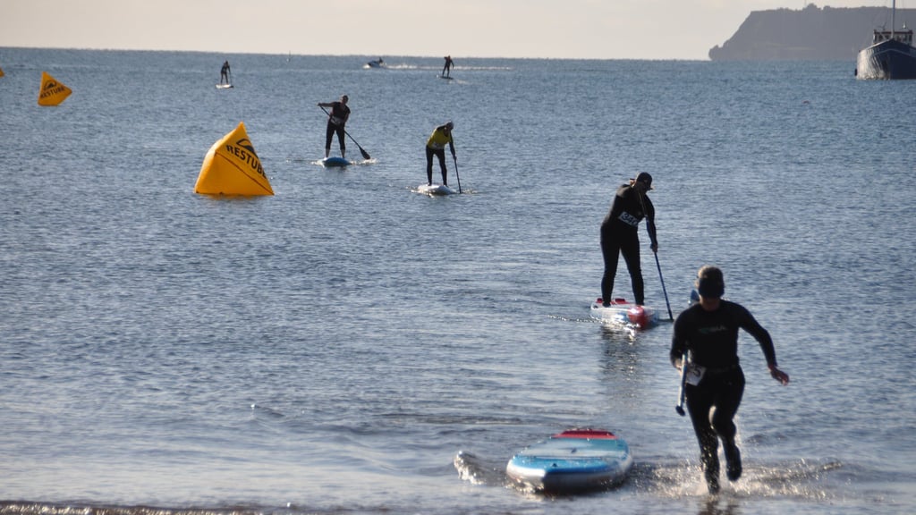 SUP athletes paddling to the shore