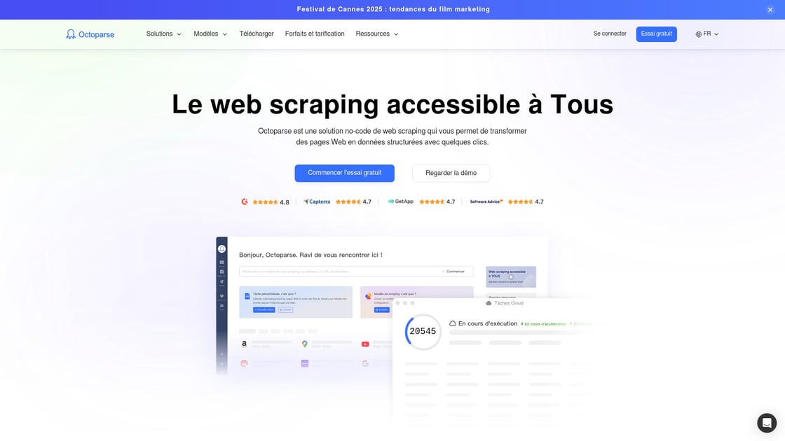 Octoparse - Interface visuelle pour extraction structurée interface