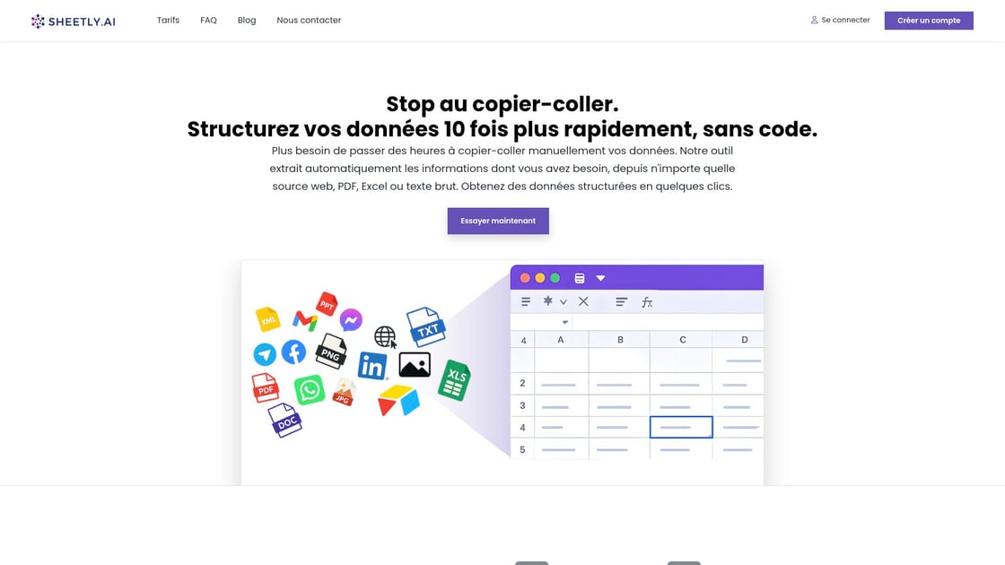 Interface de Sheetly.ai permettant l'extraction multi-format