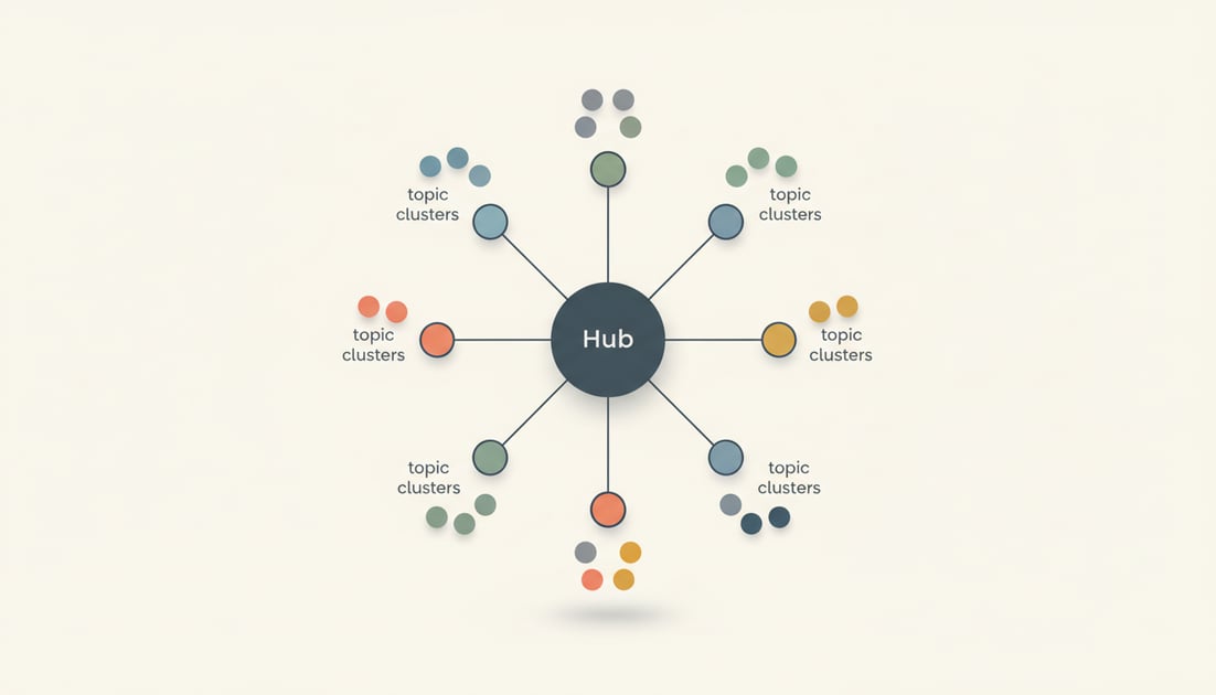 Diagram showing topic cluster hub spoke model