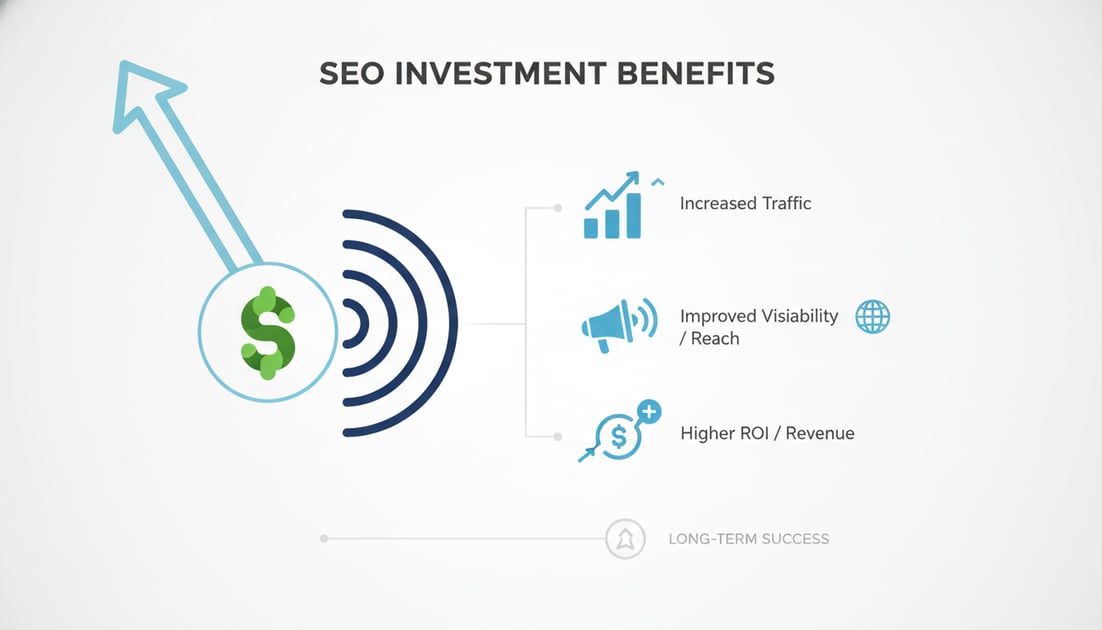 Infographic showing SEO investment benefits including 39.8% CTR for top organic results, 53.3% of website traffic from organic search, and 5x cost-effectiveness compared to paid advertising