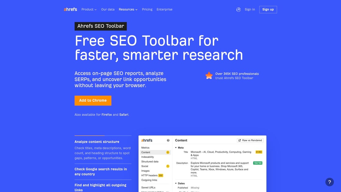 Ahrefs SEO Toolbar - backlink data and on-page reports