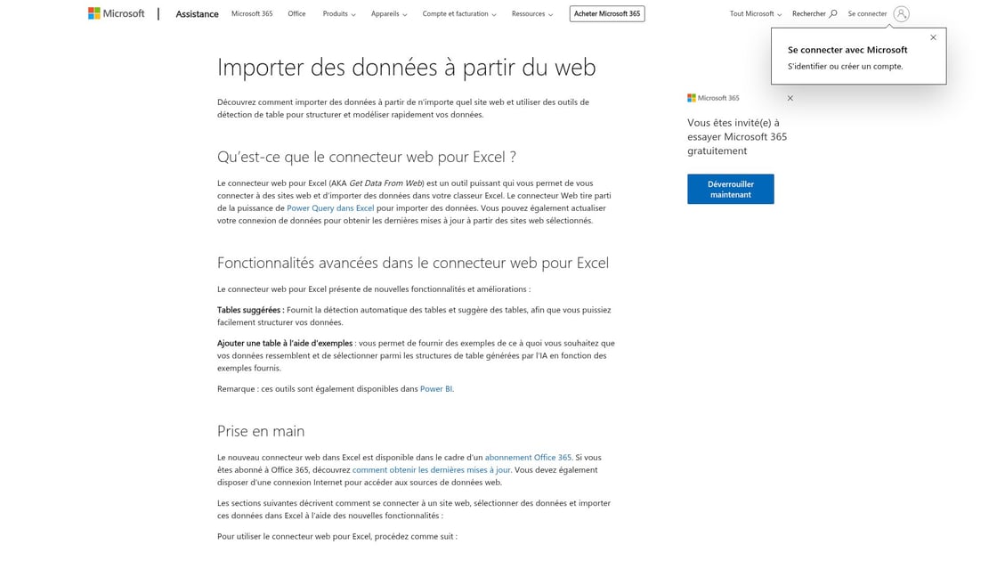 Fonctionnalité d'importation de données web dans Excel