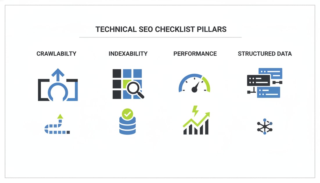 Infographic showing technical SEO checklist pillars