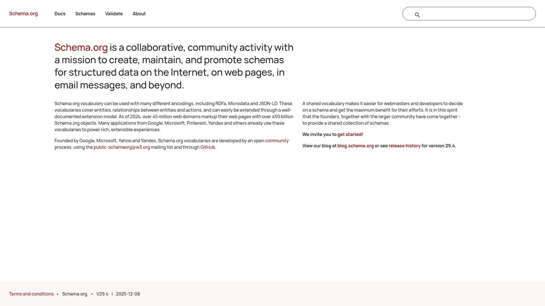 Schema.org homepage interface