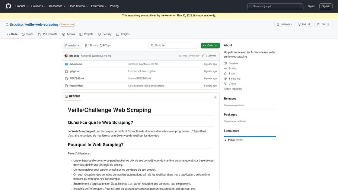 Capture d'écran d'un repository GitHub dédié aux techniques d'extraction de données web