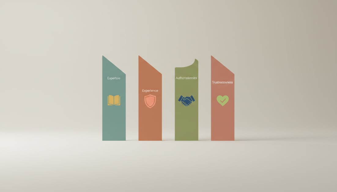 Diagram showing E-E-A-T four pillars with Experience, Expertise, Authoritativeness, and Trust components