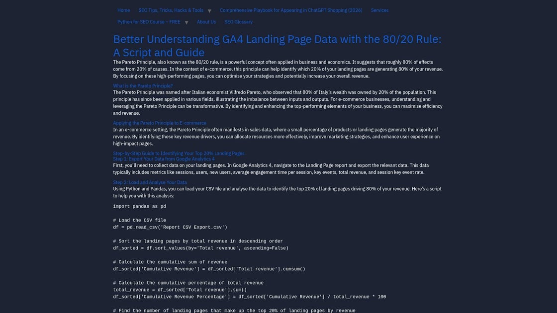 Google Analytics dashboard showing Pareto distribution in landing page traffic