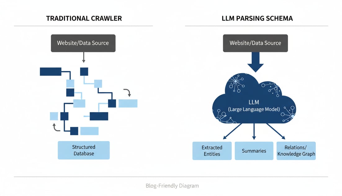 Diagram showing traditional crawler versus LLM parsing schema