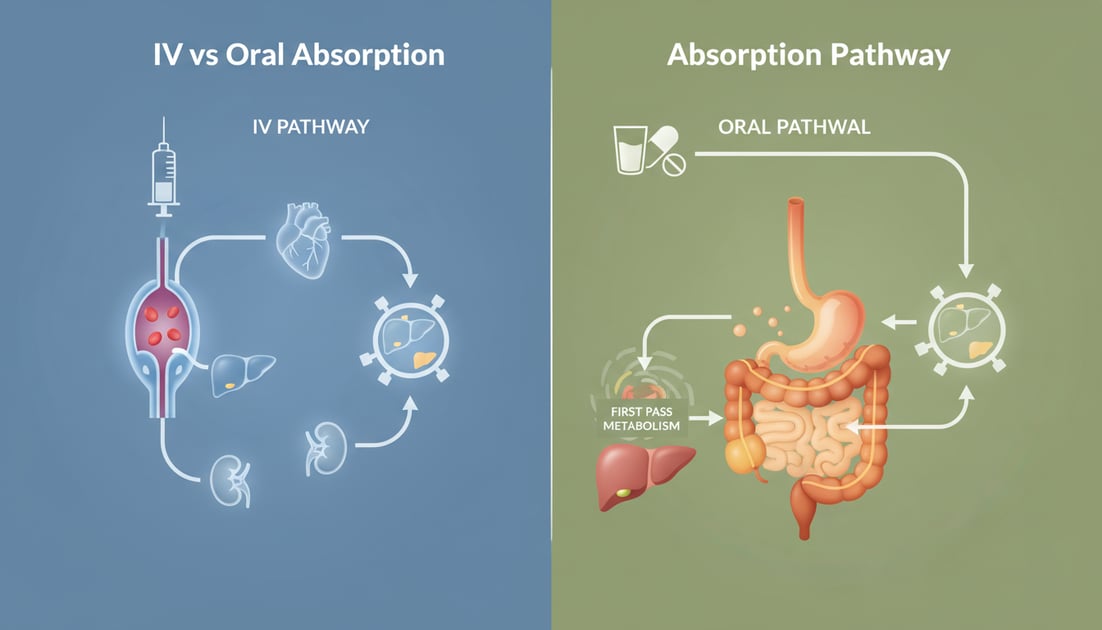Diagram showing IV vs oral absorption pathway