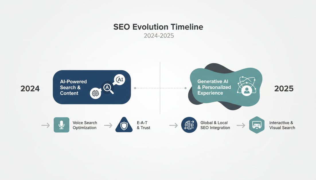 Infographic showing SEO evolution timeline from traditional ranking signals to AI-integrated quality assessment systems