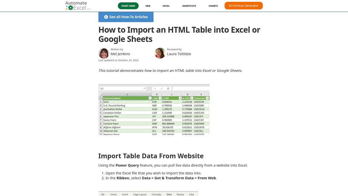 Méthode d'importation d'un tableau HTML dans Excel