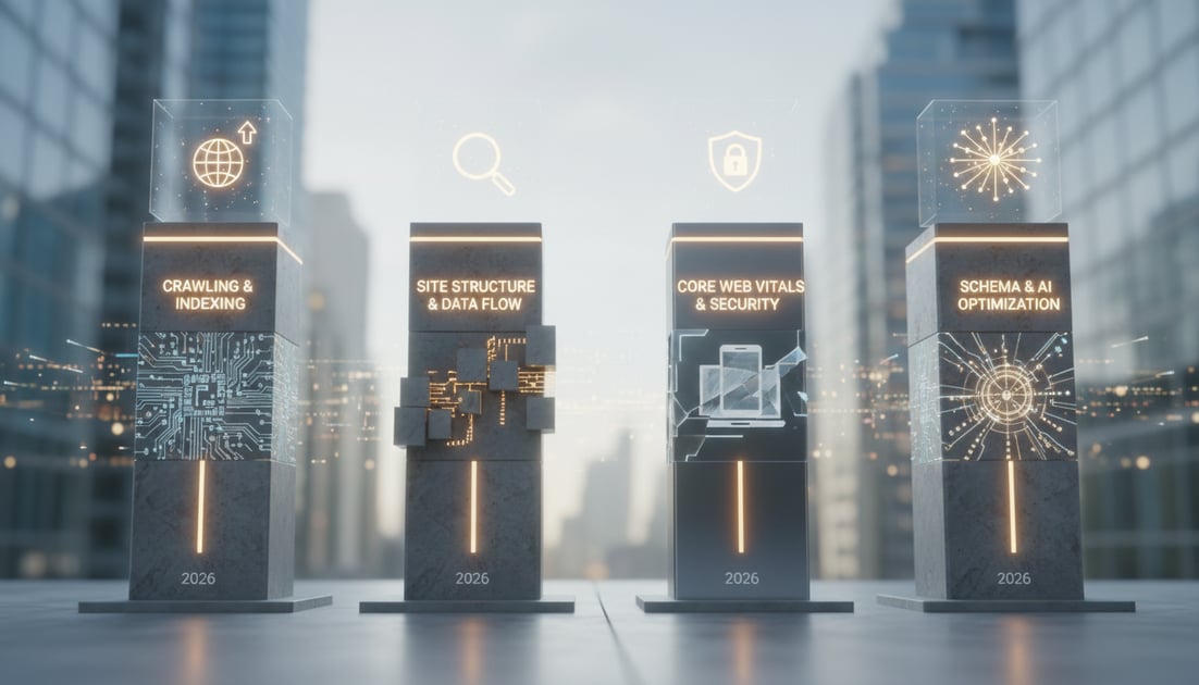 Diagram showing technical SEO pillars 2026