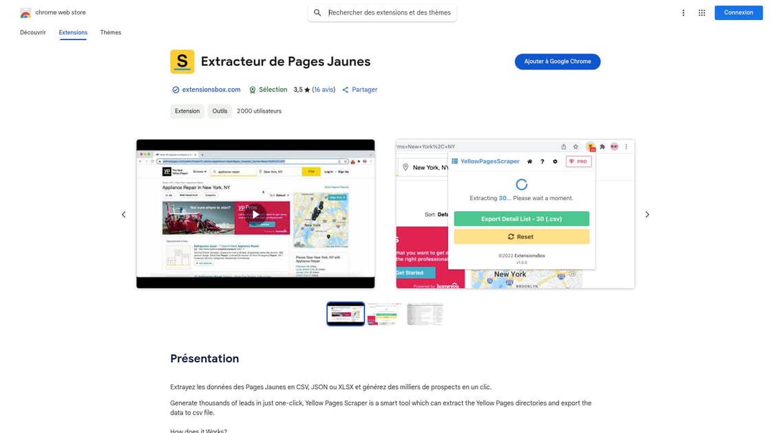 Extension Chrome pour extraction Pages Jaunes