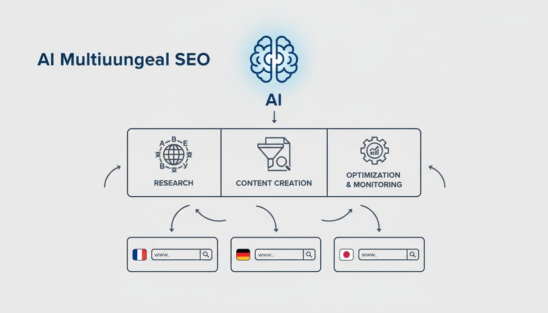 Diagram showing AI multilingual SEO workflow with keyword research, content analysis, technical audits, and quality checks connected in a circular process