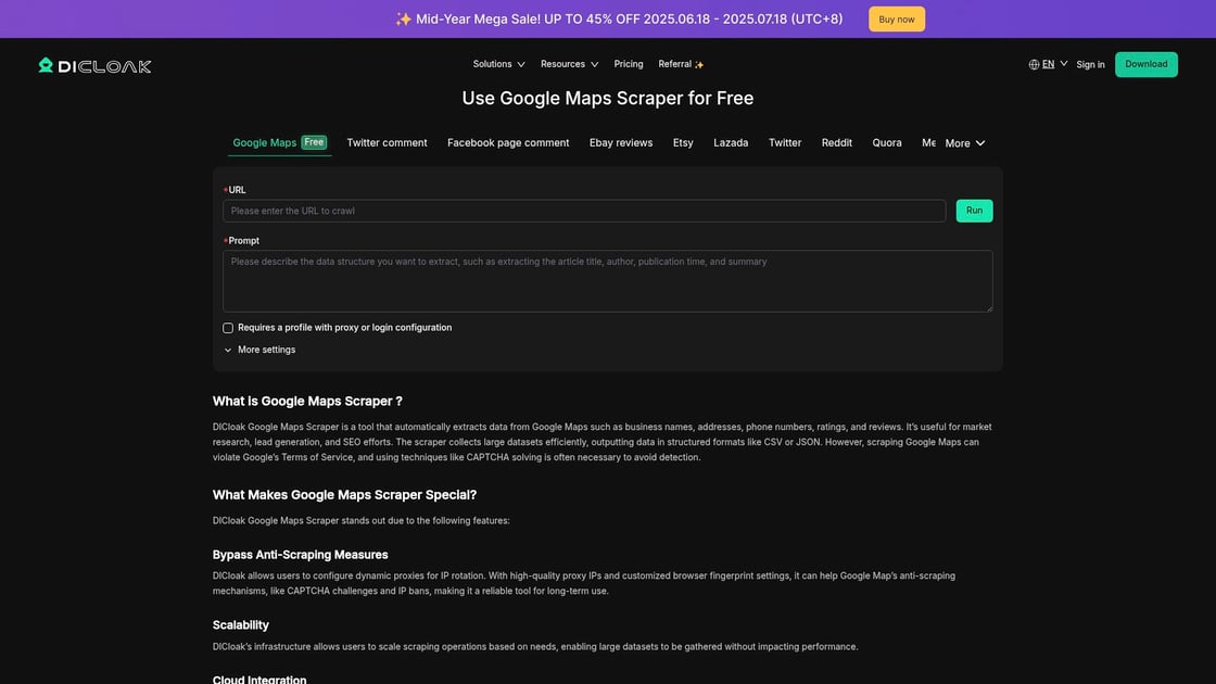 #2: DICloak Google Maps Scraper - Solution Robuste avec Proxies Dynamiques interface