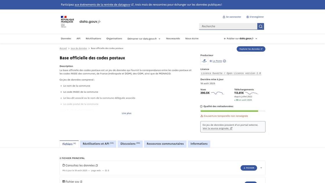Base officielle des codes postaux France