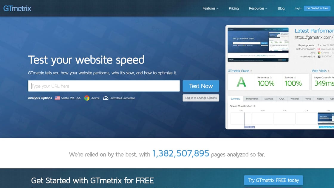 GTmetrix page speed testing platform