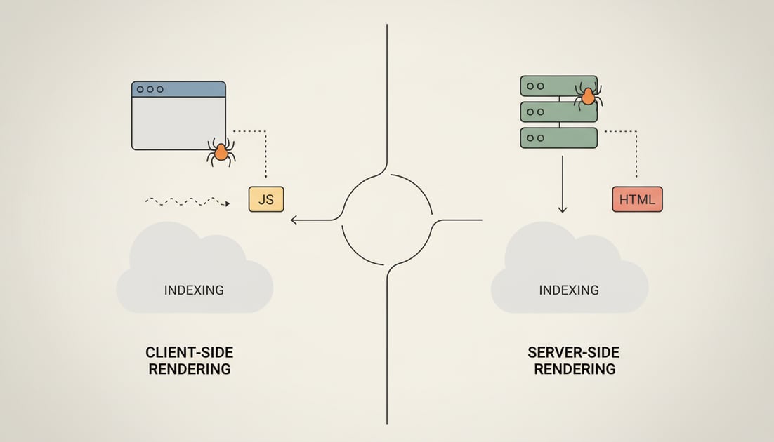 Diagram showing client-side vs server-side rendering crawl flow