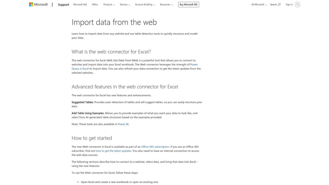 Support Microsoft Excel import données web