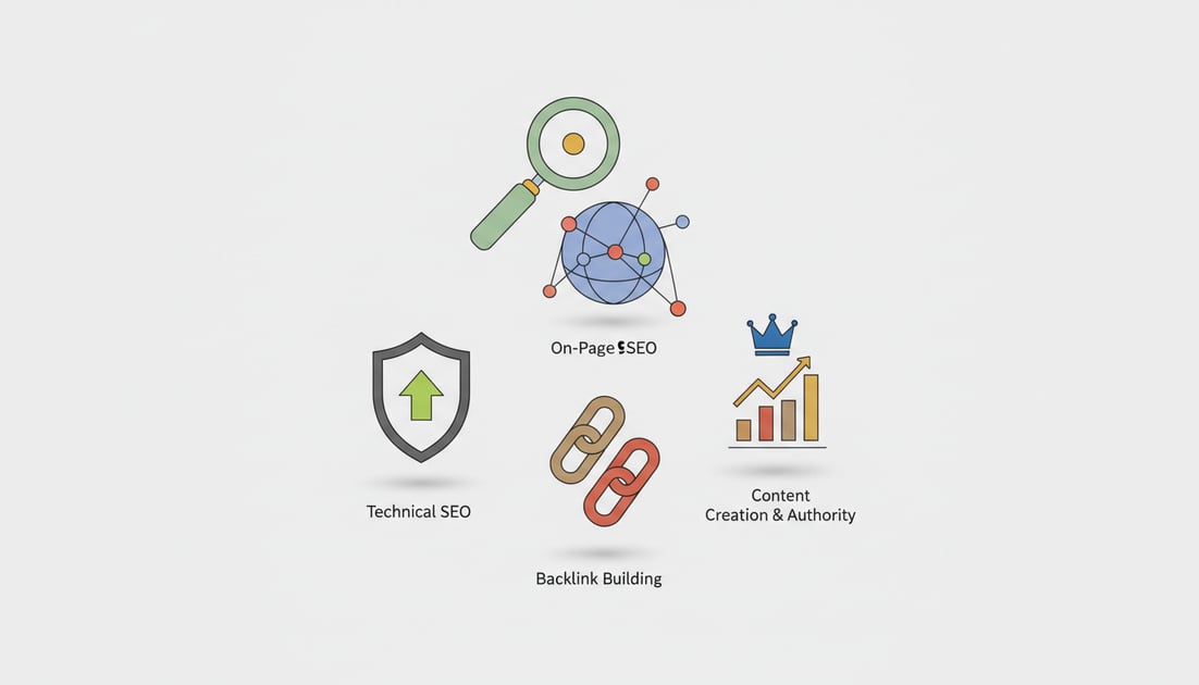 Infographic showing five core SEO concepts including content quality, technical optimisation, backlinks, user experience, and keyword strategy