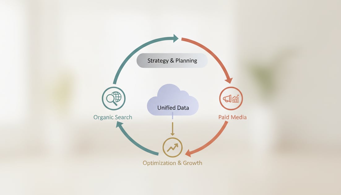 Diagram showing hybrid SEO model workflow