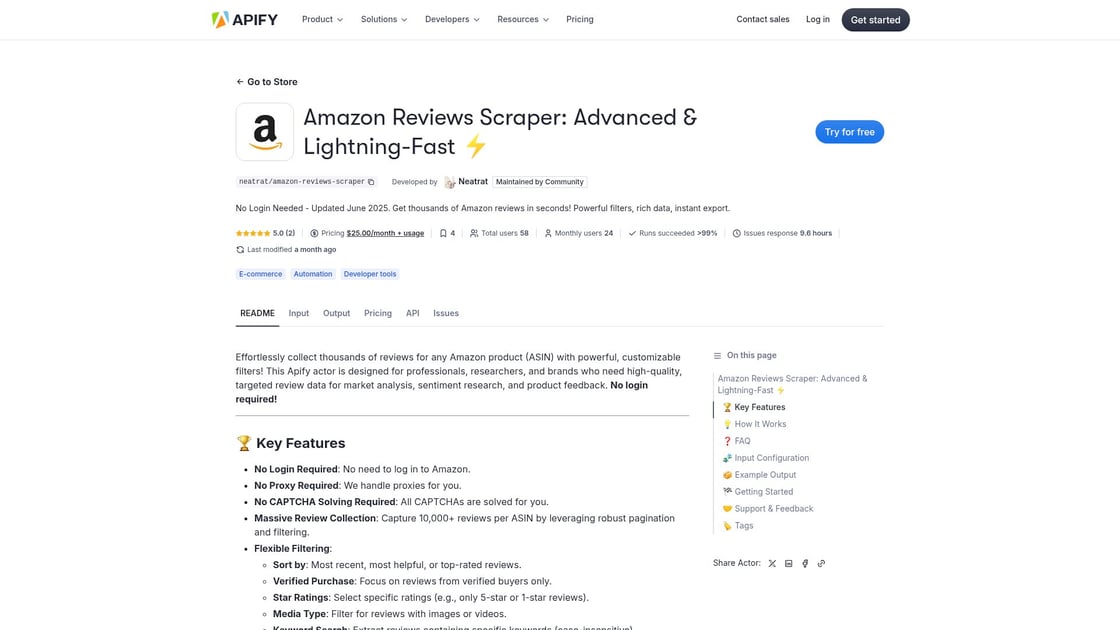 Apify Amazon Reviews Scraper interface