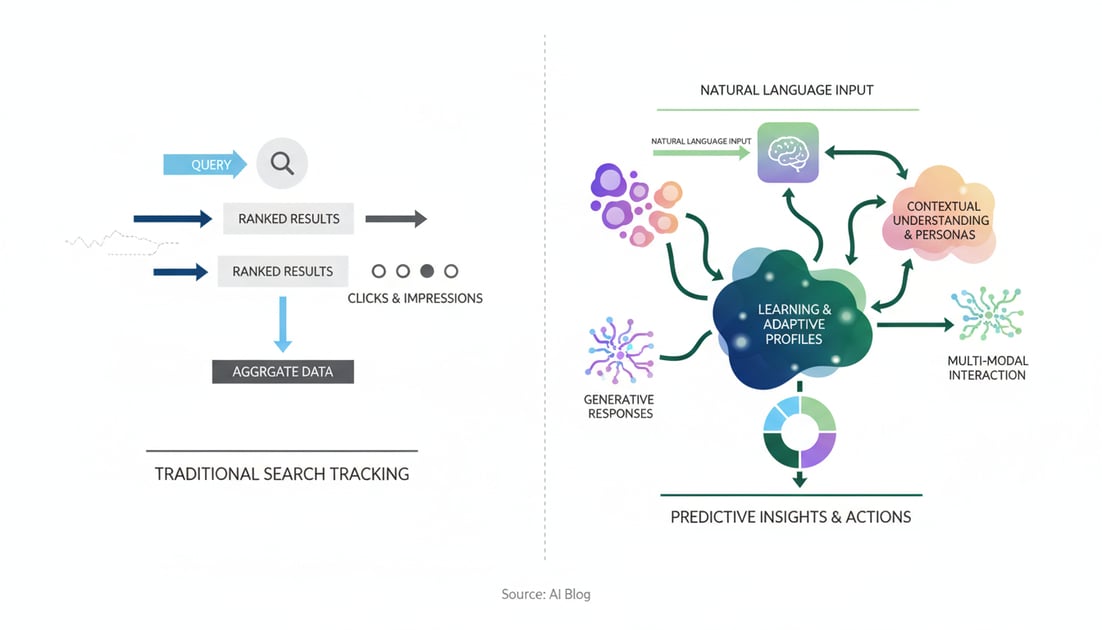 Diagram comparing traditional single-platform rank tracking against modern multi-platform AI search monitoring approaches