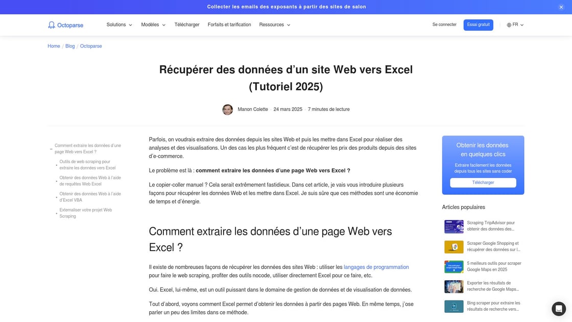 Exemple d'extraction de données web vers Excel