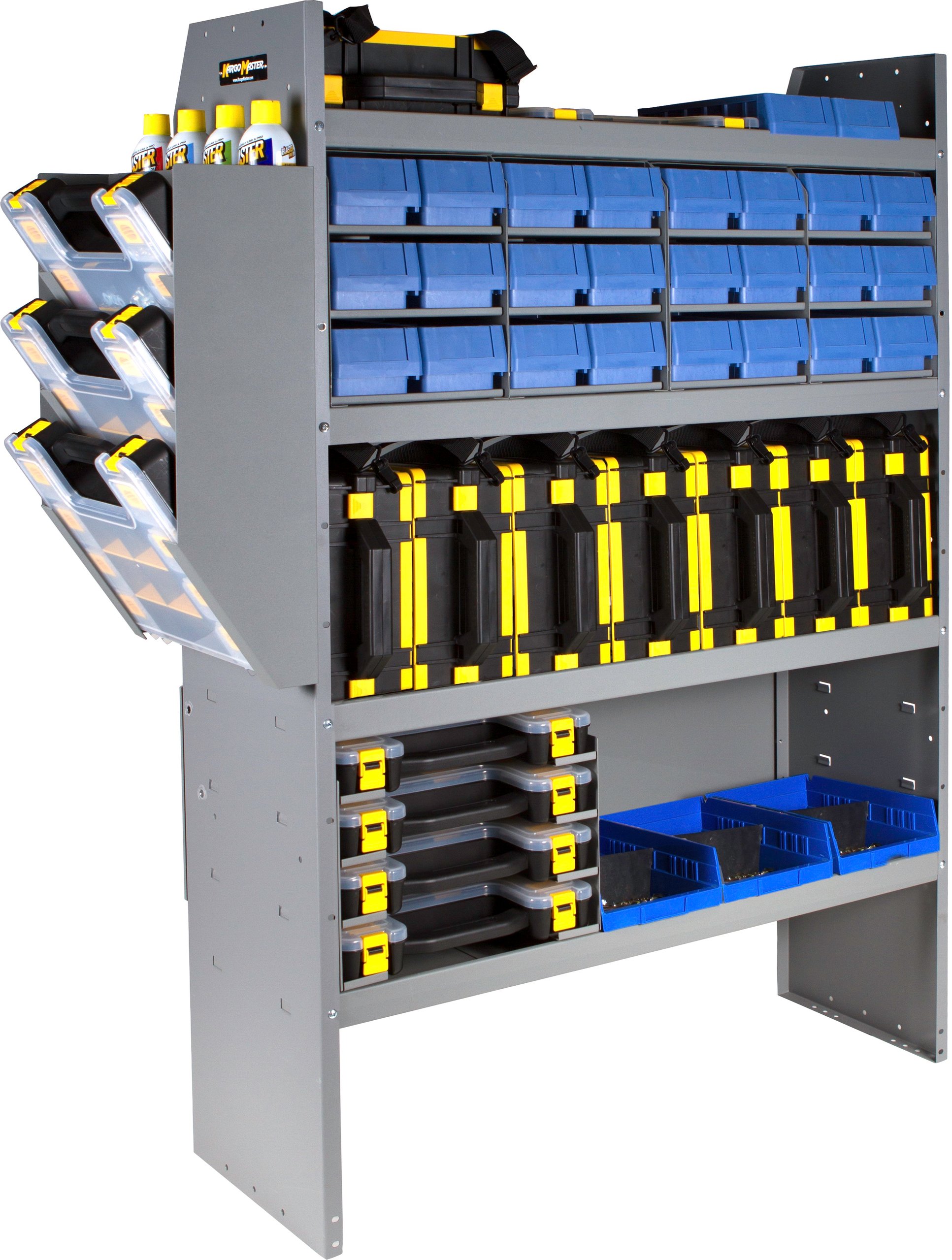 Shelf full of tool boxes