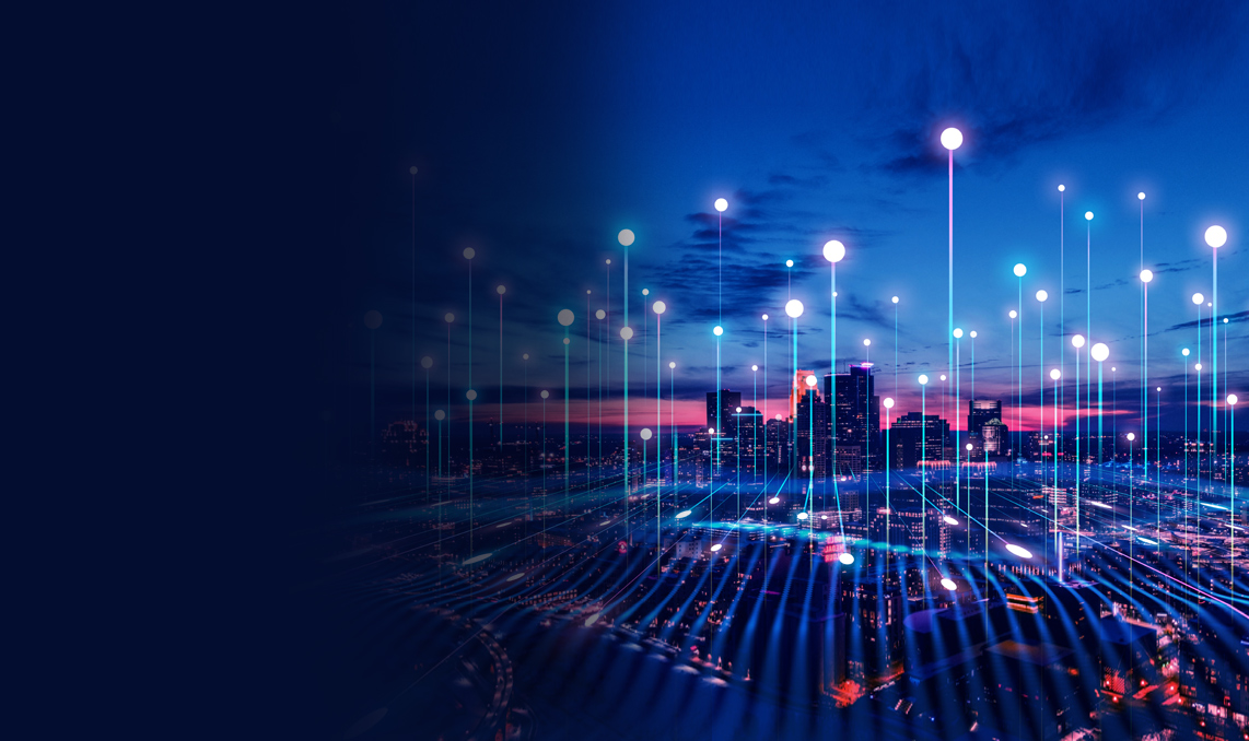 a city with lights and dots