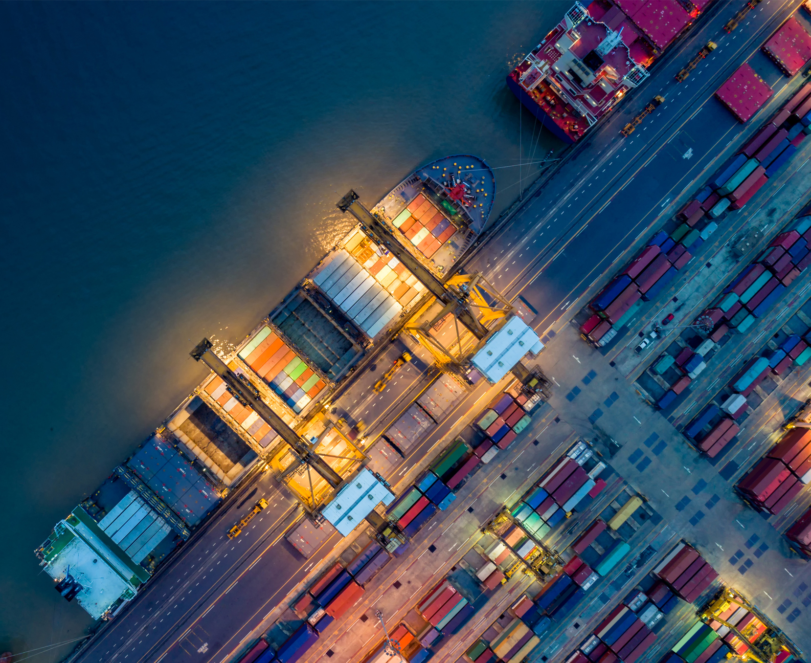 a aerial view of a port with containers