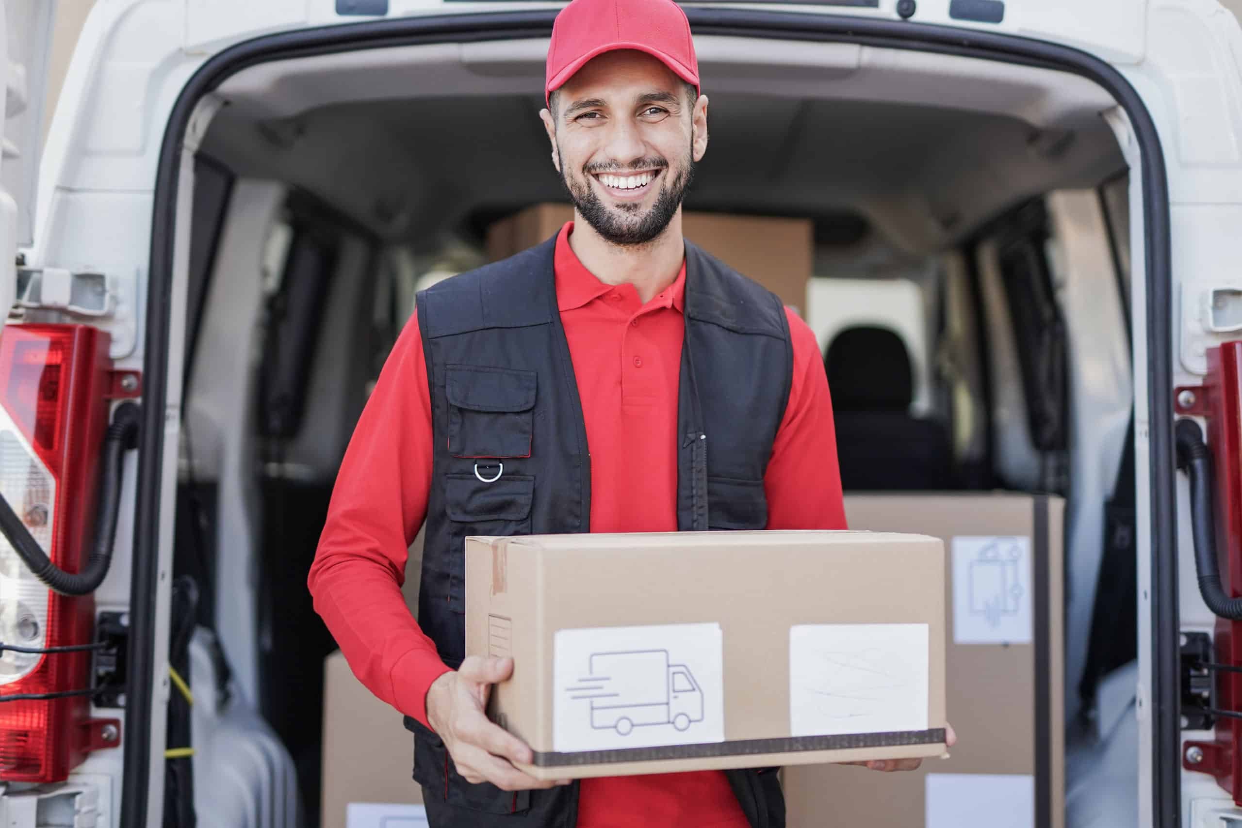 a man holding a box in his back of a van