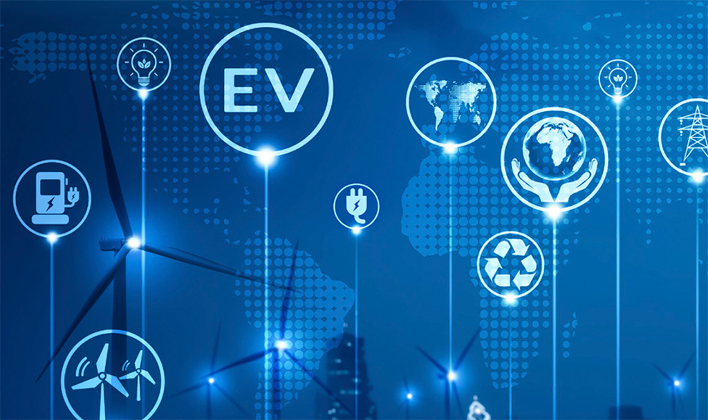 a blue background with icons and symbols