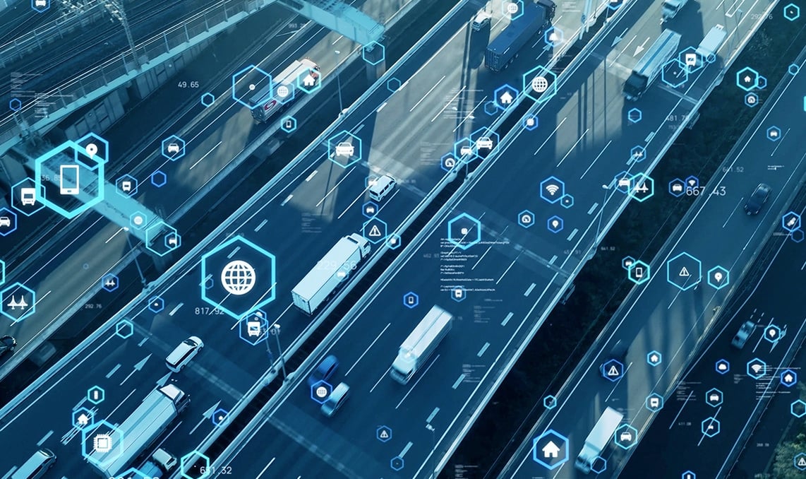 a highway with many cars and icons