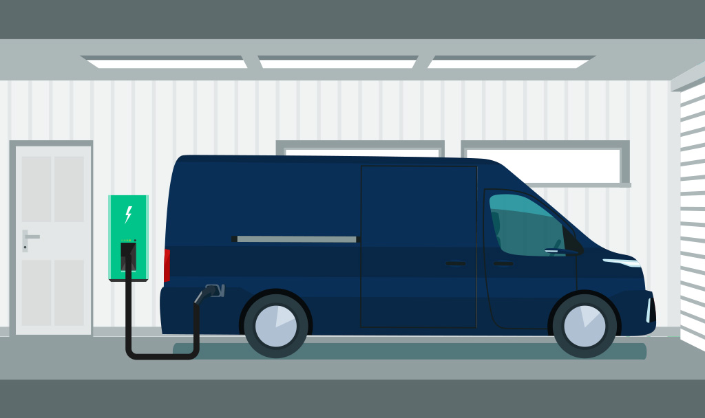 a blue van at a charging station