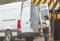 a woman carrying a box out of a van