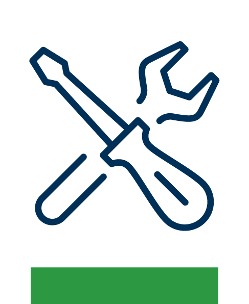 a blue and green symbol with a screwdriver and wrench