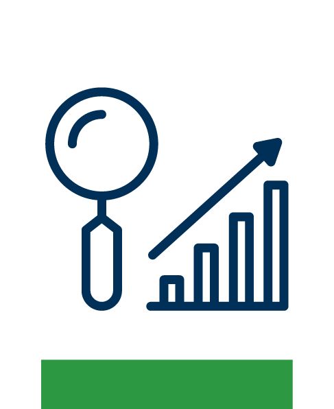 a blue and green graphic with a magnifying glass and a graph