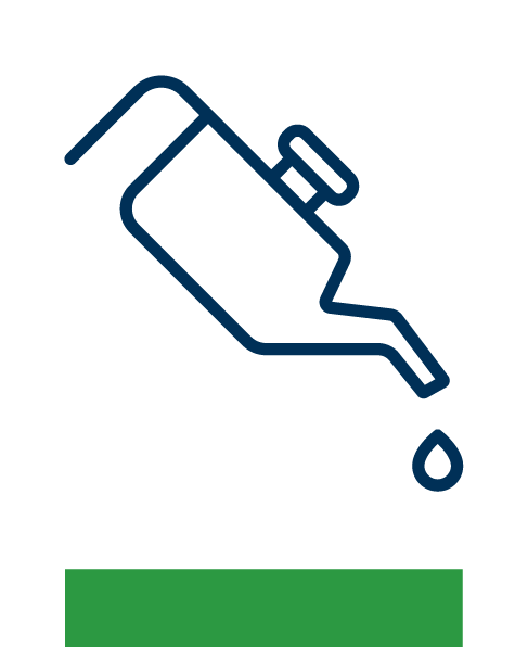 a blue and green line drawing of a canister pouring a drop of oil