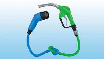An electric plug and fuel hose tied together