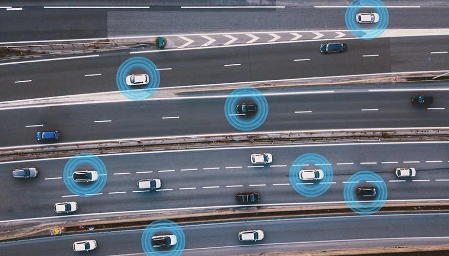 cars on a road with blue circles